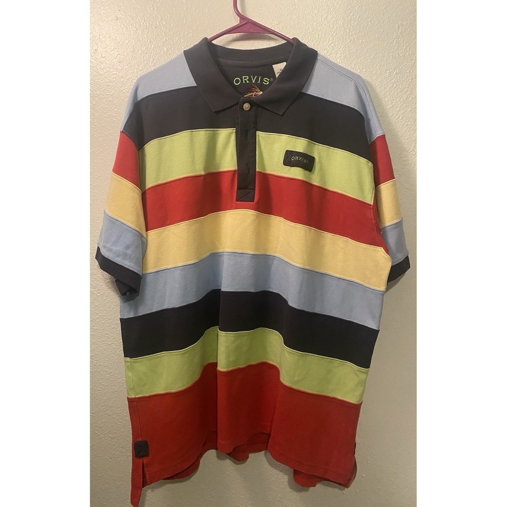 Orvis Polo Shirt Mens XL Multicolor Striped Pique Cotton Short Sleeve Golf Retro